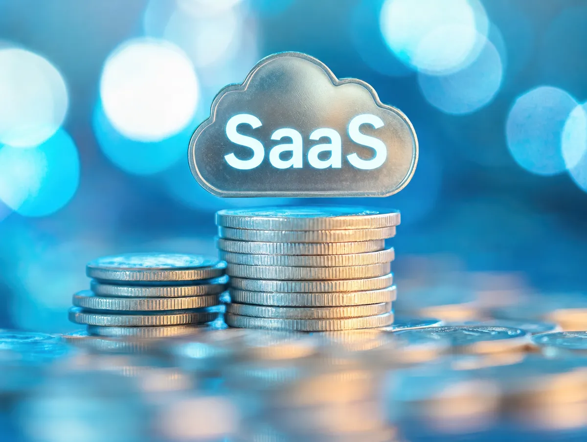 Pile de pièces de monnaie surmontée d'un nuage marqué SaaS sur fond bleu lumineux, illustrant le coût d'un SaaS en 2026