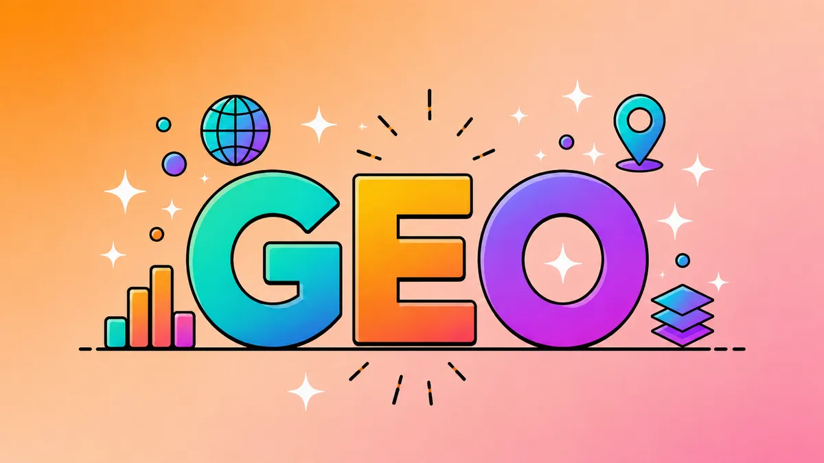 Generative Engine Optimization : illustration line-art du mot GEO en lettres colorées (dégradés turquoise, orange, violet) entouré d'icônes SEO (graphique de croissance, globe, épingle de localisation, étoiles), optimisation pour les moteurs de recherche IA