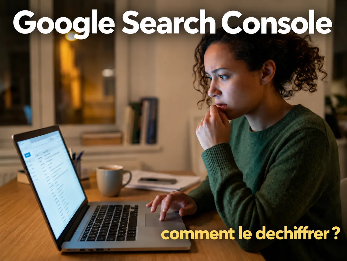 Femme concentrée devant un ordinateur portable affichant un tableau de données, avec le titre Google Search Console : comment le déchiffrer ?