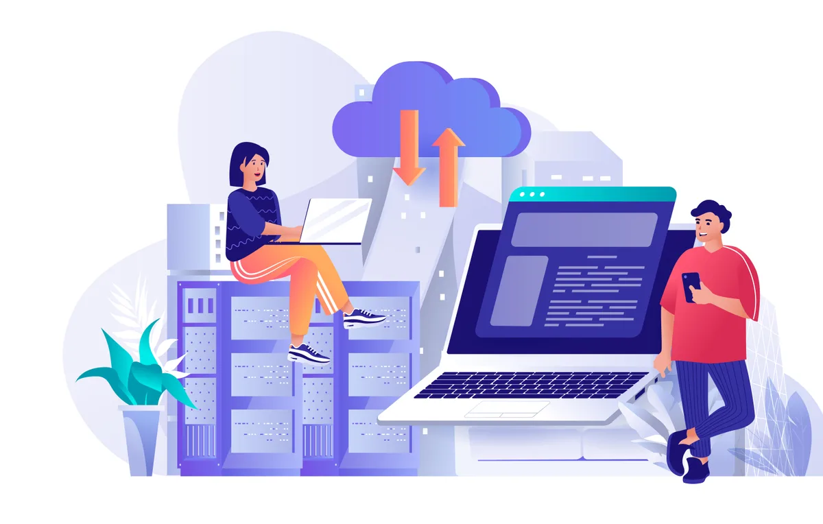 Illustration d'une développeuse assise sur des baies de serveurs avec son ordinateur portable, reliée à un nuage, à côté d'un grand écran et d'un homme avec son téléphone, pour illustrer l'hébergement d'un SaaS dans le cloud