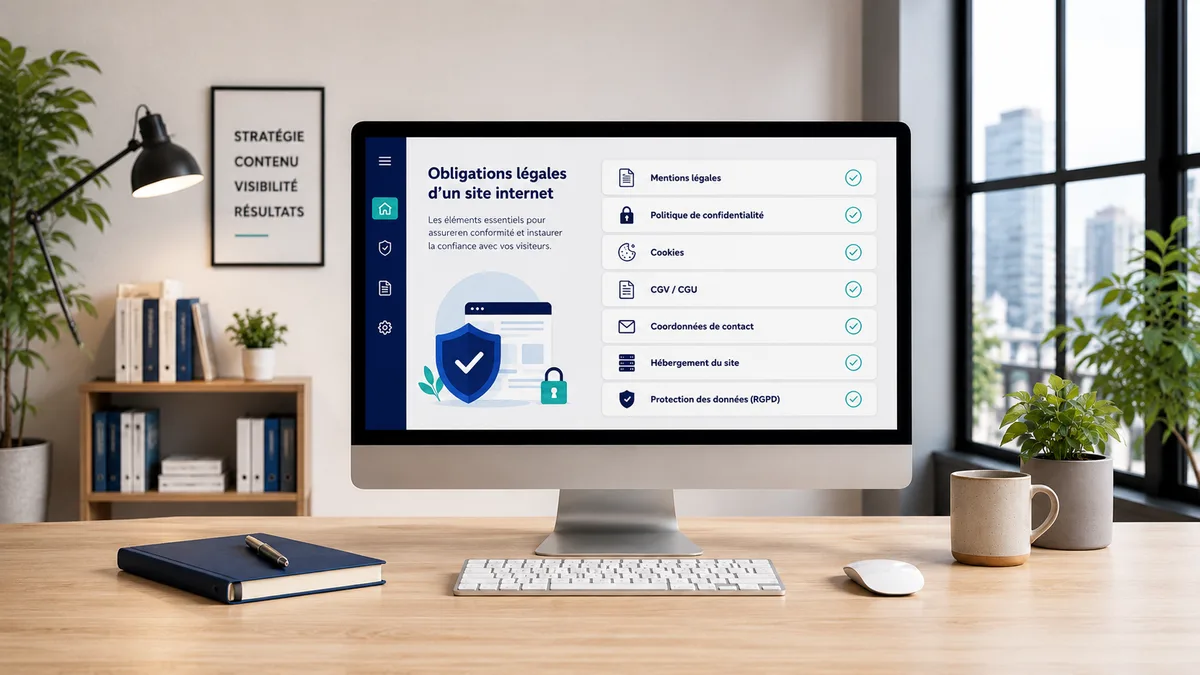 Écran d'ordinateur sur un bureau en bois clair dans un bureau lumineux, affichant la liste des obligations légales d'un site internet (mentions légales, politique de confidentialité, cookies, CGV, coordonnées de contact, hébergement, protection des données) toutes cochées en vert, à côté d'un bouclier bleu et d'un cadenas