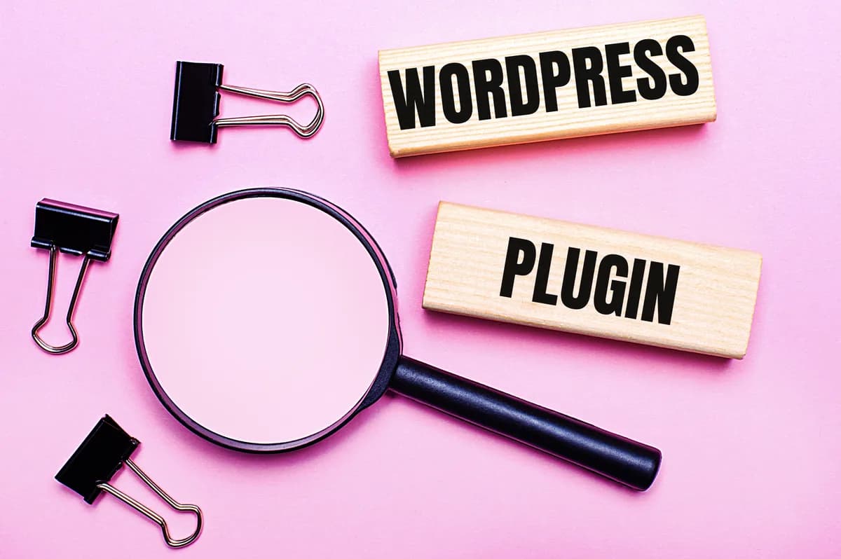Loupe et pinces à papier noires sur fond rose, à côté de deux blocs de bois où sont écrits les mots WordPress et Plugin