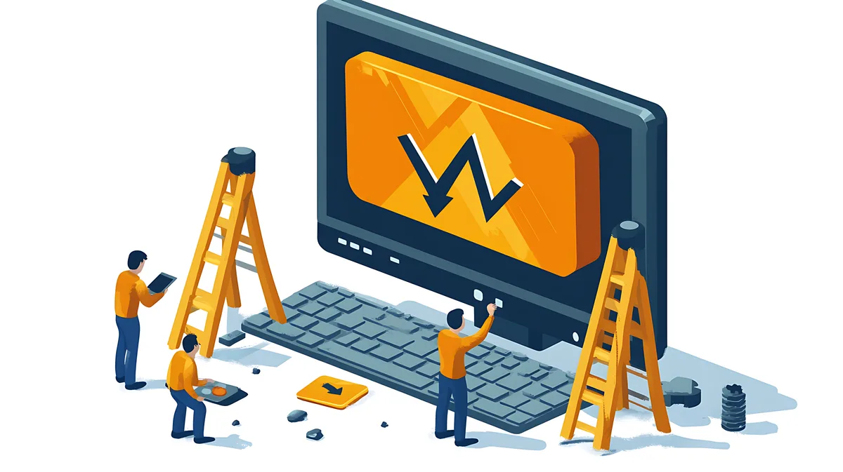 Illustration isométrique de trois techniciens avec des échelles devant un grand écran d'ordinateur affichant un panneau d'alerte orange d'erreur système