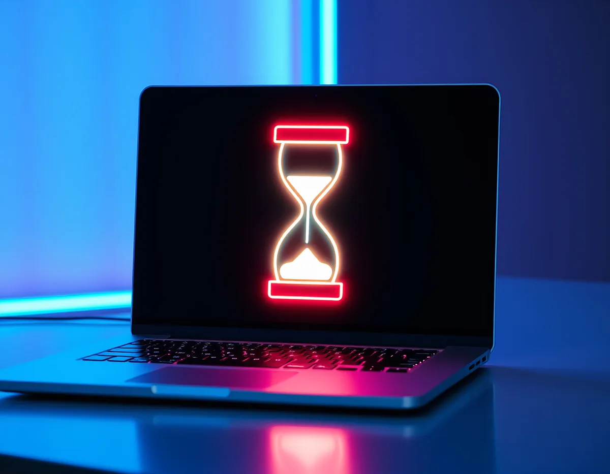 Ordinateur portable posé sur un bureau, affichant un sablier lumineux rouge et blanc en néon sur écran noir, dans une pièce éclairée par des néons bleus, illustrant l'attente devant un site web lent