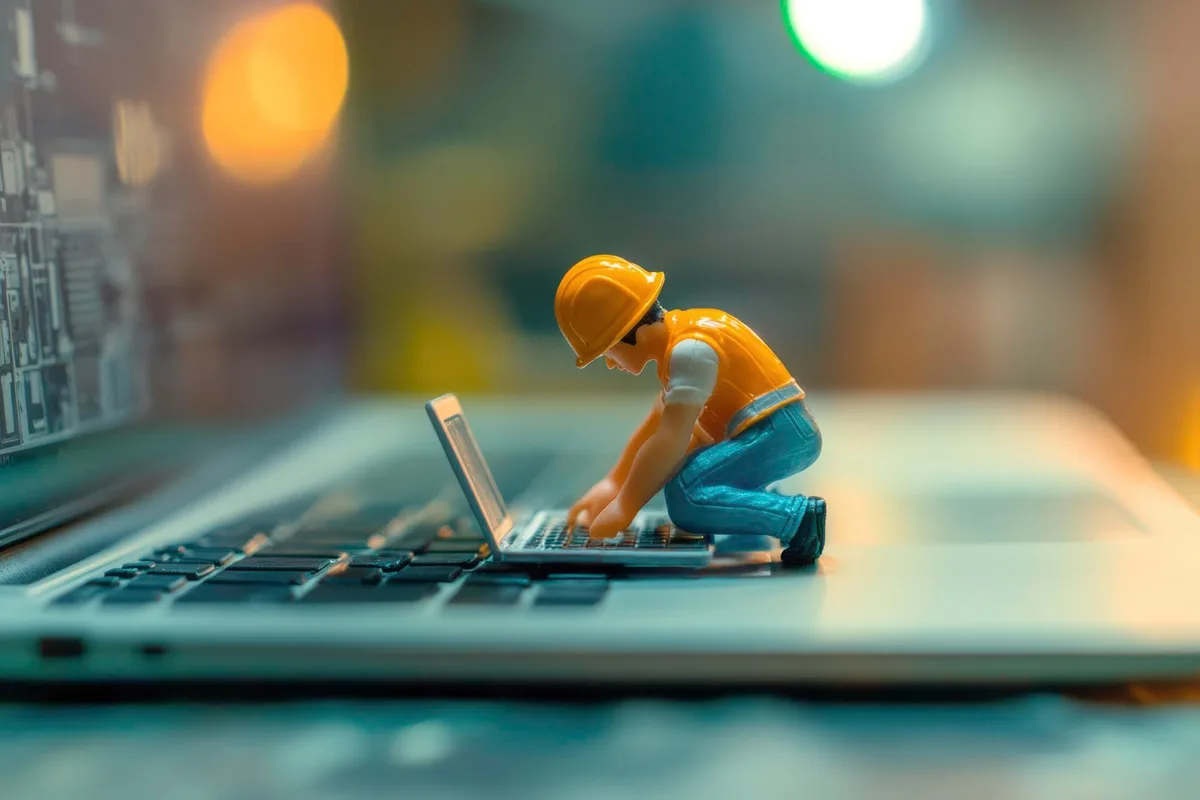 Maintenance site web 2026 : ouvrier miniature en train de réparer un ordinateur portable, illustration des coûts de maintenance