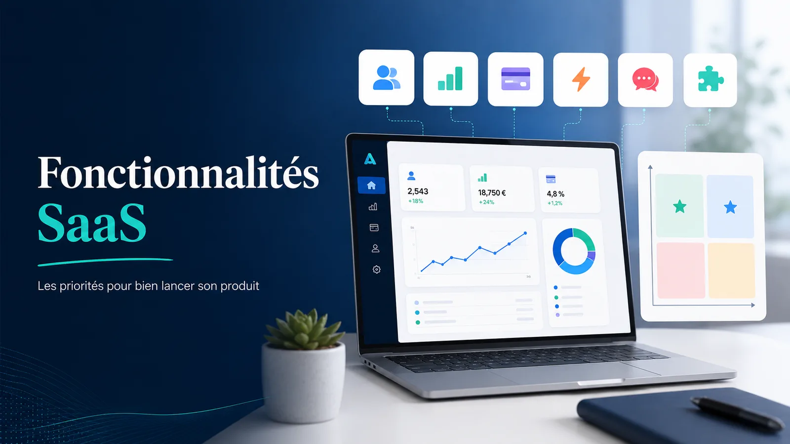Ordinateur portable affichant un tableau de bord SaaS avec statistiques et graphiques, surmonté d'une rangée d'icônes de fonctionnalités (utilisateurs, statistiques, paiement, automatisation, messagerie, intégration) et d'une matrice de priorisation, sur fond bleu avec le titre Fonctionnalités SaaS
