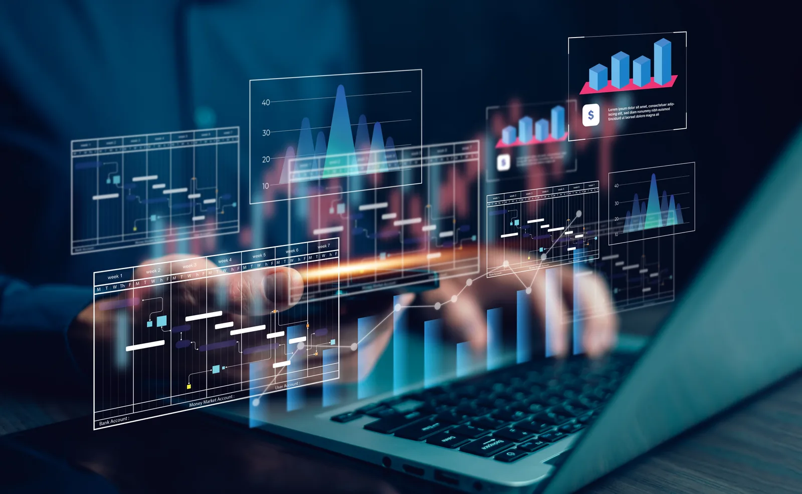 Google Analytics 4 pour débutants : mains tapant sur un ordinateur portable avec interfaces de tableaux de bord et graphiques en surimpression, illustration de l'analyse de données web