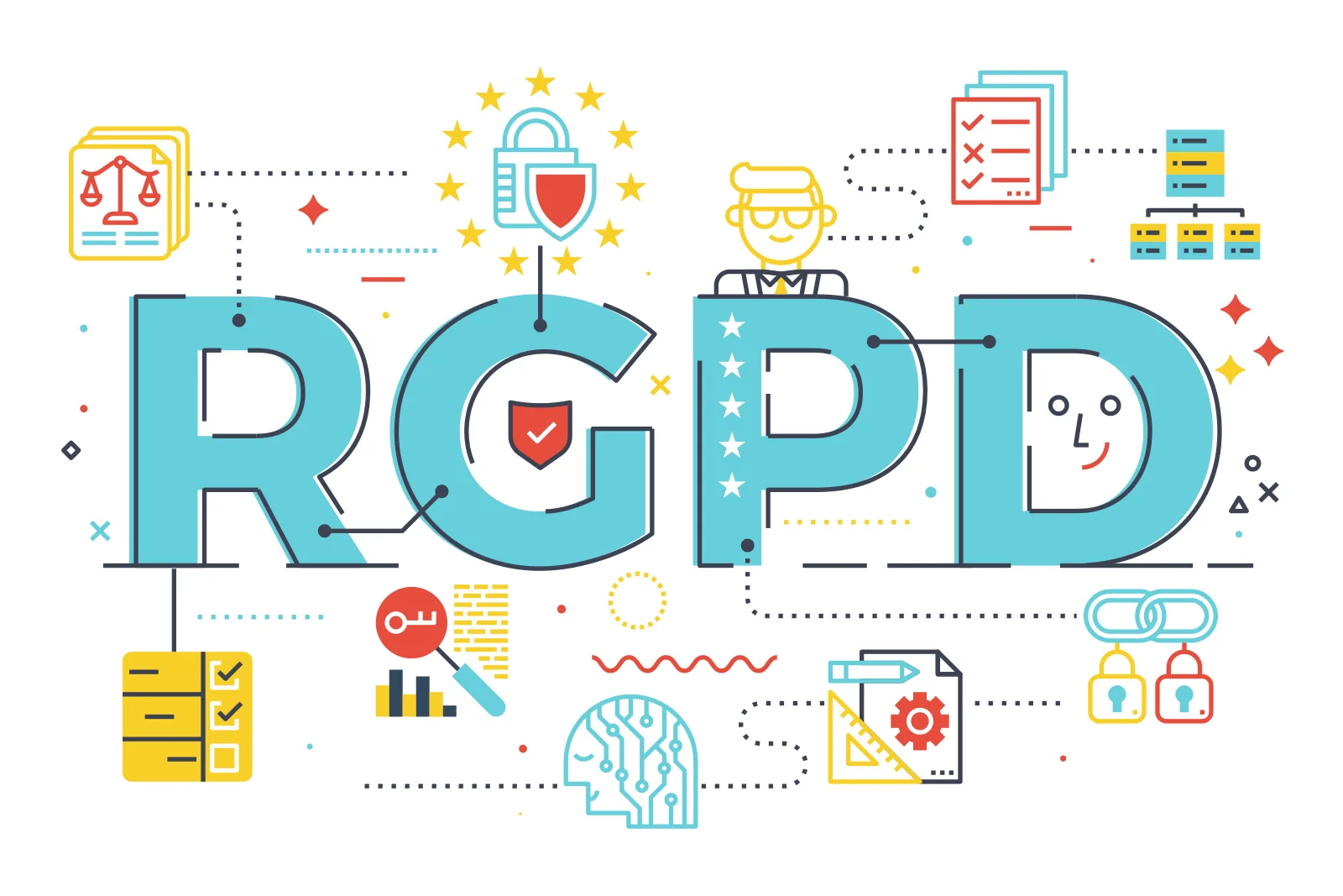 RGPD site web : illustration line-art du mot RGPD entouré d'icônes de conformité (cadenas, bouclier, documents, balance de la justice, engrenage), protection des données personnelles pour PME