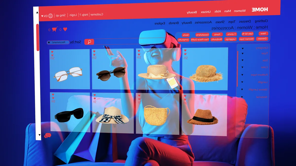 Site vitrine ou e-commerce : femme assise sur un canapé avec un casque de réalité virtuelle interagissant avec une interface de boutique en ligne holographique affichant chapeaux, lunettes et sacs, illustration du commerce en ligne